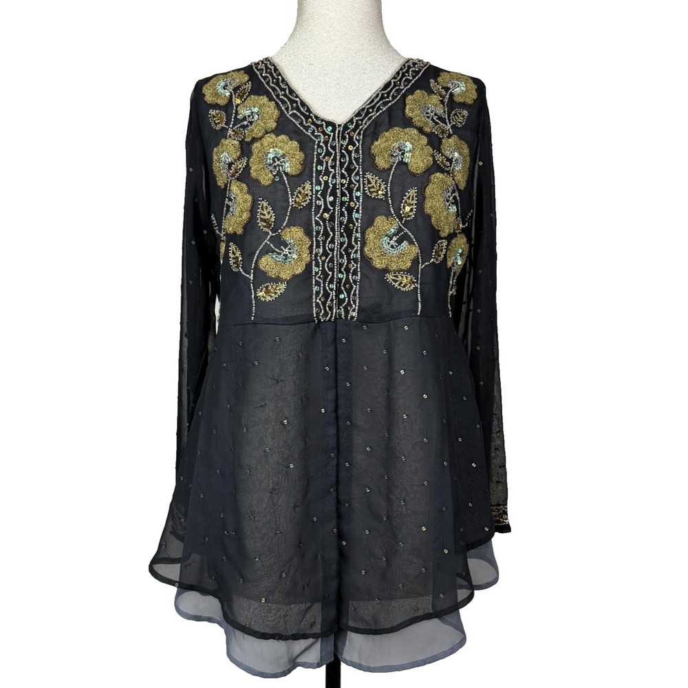 Soft Surroundings Tunic Top Womens M‎ Black Embroidered Beaded Whimsigoth Sheer